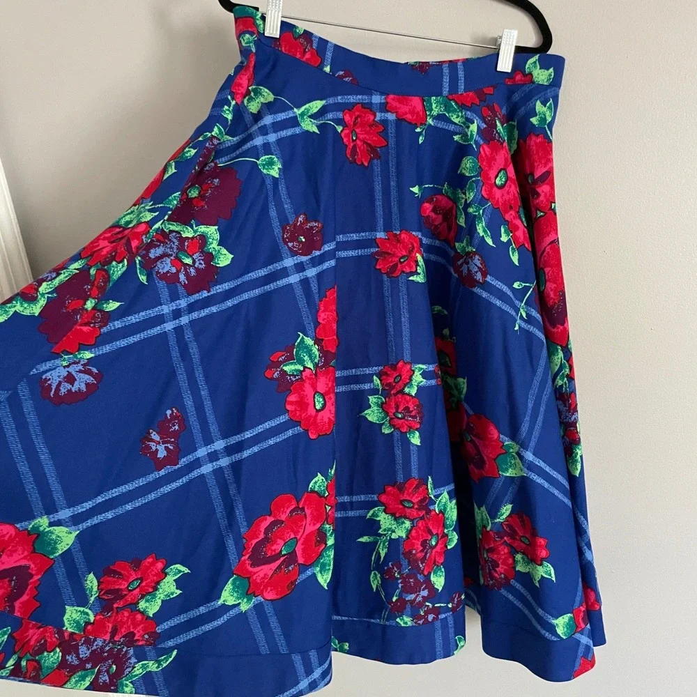 Plenty by Tracy Reese Full Circle Skirt‎ Blue Red Windowpane Floral Midi 12  NWT